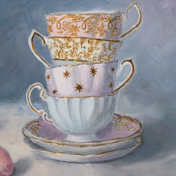Original oil painting on canvas,4 pastel cups and macaroons 11" x 14 - Picture 2 of 5